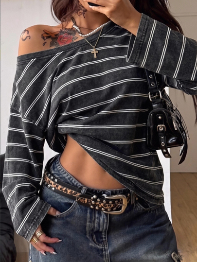 Coolane Women's Asymmetrical Collar Striped T-Shirt
