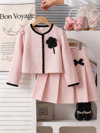 Toddler Girls Set Polyester Round Neck Long Sleeve Button Front Bow Short Regular Fit Jacket Set Fall/Winter Multicolor