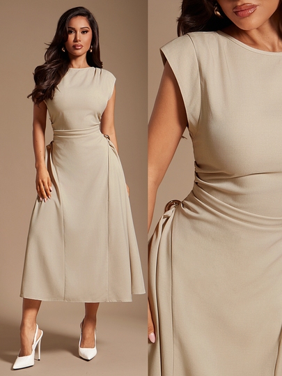 Radiana Women's Autumn New Elegant Solid Color Waist-Cinching Sleeveless A-Line Midi Dress, Khaki Waist-Cinching Flared Dress, All-Match Versatile, Daily Casual, Streetwear, Shopping, Gathering, Old Money Style, Commuting, Office