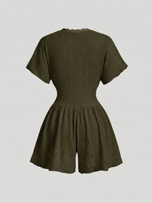 SHEIN MOD 女款街頭風蕾絲拼接紋理連身短褲 - 軍綠色 - 查看 3
