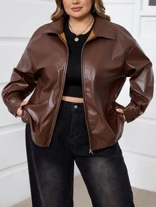 SHEIN CURVE+ 大尺碼女款黑色長袖PU皮革夾克 秋冬款 - 棕色 - 查看 8