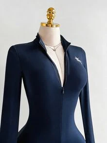 SHEIN Unity Women's Black Autumn/Winter Stand Collar Logo Jumpsuit, Elastic Slim Fit Flattering Front Zipper, European And American Elegant Sexy Streetwear - Navy Blue - View 5