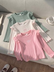 Genkimix Kids 3件組女童秋冬荷葉袖針織打底衫，百搭圓領刺繡蝴蝶結長袖T恤 - 彩色 - 查看 6