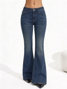 SHEIN Tall 女款休閒日常穿著鈕扣口袋喇叭牛仔褲 - 深色水洗藍 - 查看 8