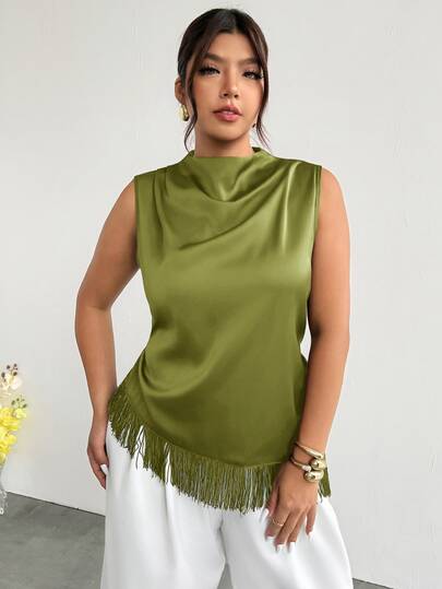 Firerie Top de alças para mulher plus size, minimalista e elegante, casual para o dia a dia, deslocações, férias e praia, estilo boémio, verde, em cetim, com gola plissada, sem mangas, bainha assimétrica com borlas, ajustado, moda versátil para férias, roupa para professora