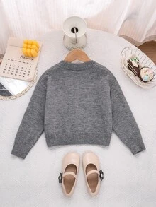 SHEIN 女童秋冬時尚手工蝴蝶結針織長袖開襟毛衣 - 淺灰色 - 查看 2