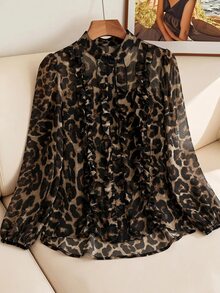 SHEIN Clasi Plus Size Women's Leopard Print Patchwork Ruffle Chiffon Elegant Blouse - Brown - View 6