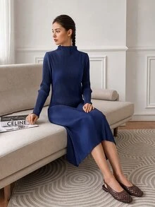 EastFlair Gaun Midi Lengan Panjang Berlipit Biru Elegan untuk Wanita, Cocok untuk Pesta Kantor Musim Gugur/Dingin - Navy Blue - View 7