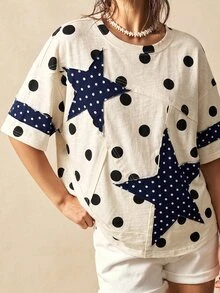 Bohemela Women's Polka Dot Print Star Patchwork T-Shirt - Multicolor - View 5