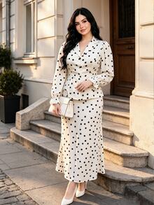 Modelyn Plus Size Elegant Commuter Polka Dot Print Shirt & Skirt Set - Apricot - View 3