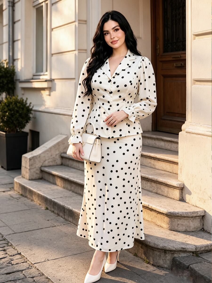 Modelyn طقم قميص وتنورة أنيق للمتنقلين بطبعة نقاط بولكا مقاس كبير - لون مشمشي - مشاهدة 1
