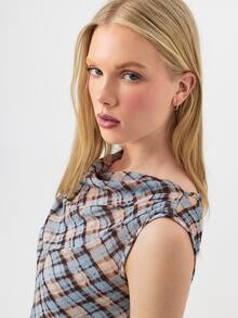 KÆRIA Hus Draped Cowl-Neck Top - Airy Georgette - Light Blue Plaid Dark Print - Regular Fit, Asymmetric Hem, Elegant French Smart Casual, Office Business Summer - Multicolor - View 5