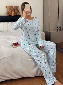 Napfluff 條紋櫻桃印花女款睡衣套裝 - 彩色 - 查看 5