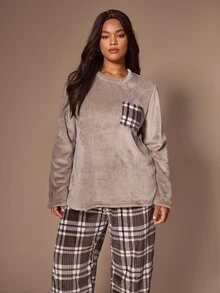 Lazeform Casual Plush Plaid Print Long Sleeve Pants Pajama Set Plus Size - Multicolor - View 5