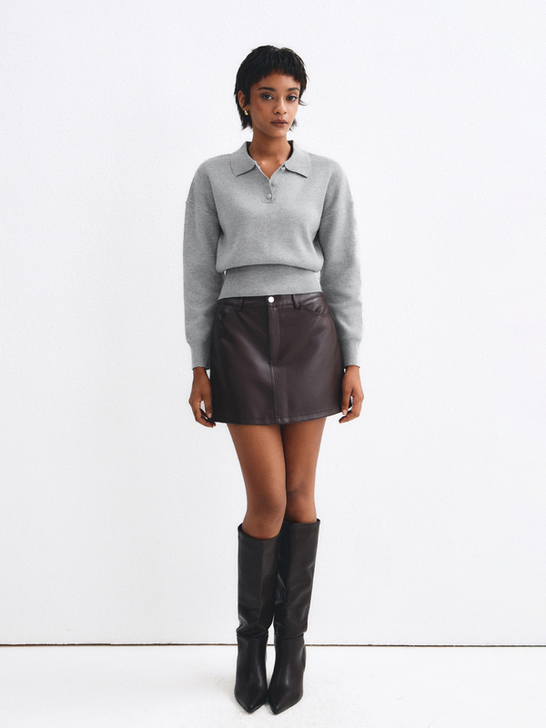 ATUI Studio Polo Collar Single-Breasted 3-Button Drop Shoulder Long Sleeve Cropped Hem Women's Sweater