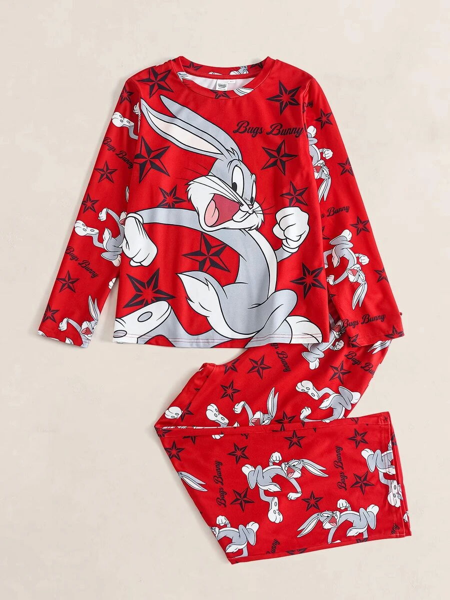LOONEY TUNES X SHEIN 青少年男孩卡通印花居家服套裝 - 紅色 - 查看 1