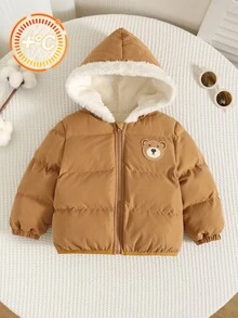 SHEIN 男嬰女嬰通用卡通熊拼接撞色連帽長袖夾克外套，百搭舒適保暖內裡加厚外套，適合秋冬穿著 - 棕色 - 查看 9