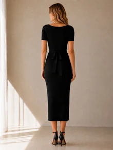 Cévolie Gentle Style Square Neck Lace Long Sleeve Knit Dress With Waist Belt, Single-Breasted Button, Slit, Slimming Bodycon Mid-Length Dress - Black - View 2