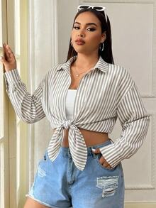 SHEIN EZwear 女款大尺碼杏色拼色條紋長袖襯衫 - 卡其色 - 查看 3