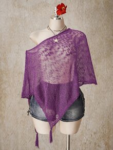 SHEIN ICON 女款大尺碼不對稱下擺流蘇設計寬鬆針織上衣 - 紫色 - 查看 1