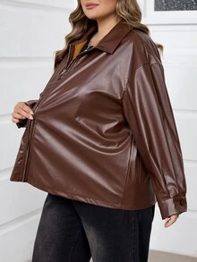 SHEIN CURVE+ 大尺碼女款黑色長袖PU皮革夾克 秋冬款 - 棕色 - 查看 5