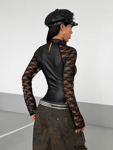 StreetHx Body sexy para mujer negro con encaje en contraste, manga larga, cuello alto, ajuste ceñido, estilo europeo & americano, moda callejera Y2K punk, para fiesta y piscina - Negro - Ver 2