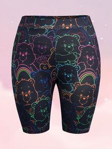SHEIN X Care Bears Plus Size Cartoon Print Fitted Base Layer Shorts - Black - View 1