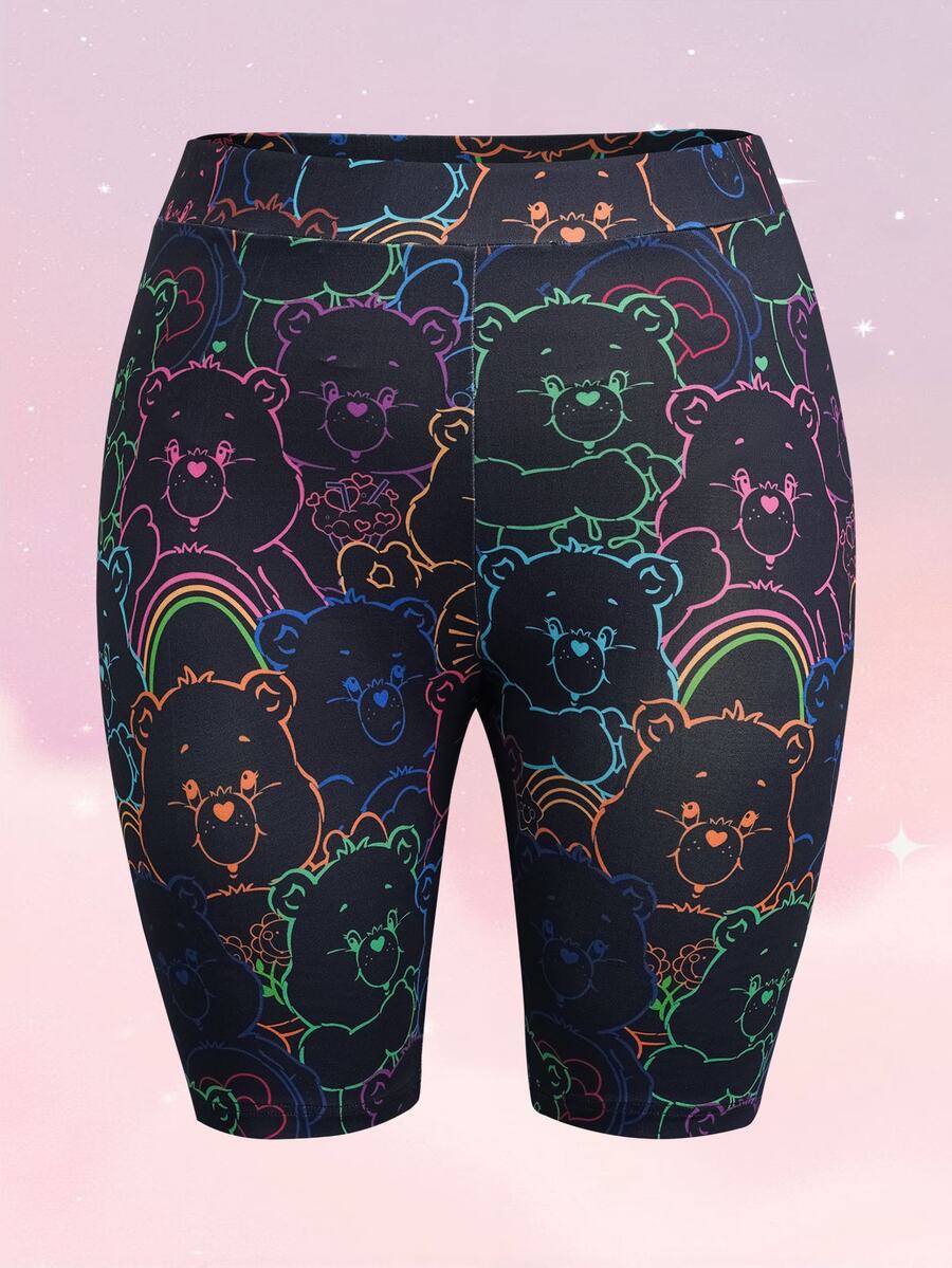 SHEIN X Care Bears Plus Size Cartoon Print Fitted Base Layer Shorts - Black - View 1
