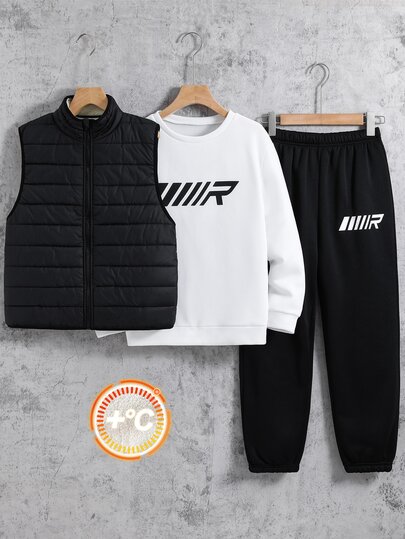 SHEIN 3pcs Kids Tween Boy Casual Sports Letter Print Pattern Crew Neck Pullover Loose Fleece Sweatshirt Long Pants With Thick Sleeveless Woven Vest Set, Suitable For Commuting, School, Daily Casual Outings, Sports, Autumn/Winter, Quilted Coat, Padded Coat