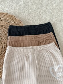 SHEIN 3件組女嬰0-3歲棕色米色黑色愛心印花羅紋針織喇叭褲，柔軟高彈性秋季校園風，百搭日常穿著 - 彩色 - 查看 5