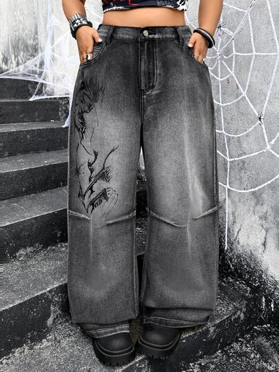 Jeanoix Y2K 90s Goth Plus Size Outdoor Concert Party Street Dark Abstract Print Black Grey Denim Wide Leg Pants Halloween Summer