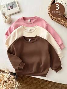 SHEIN LMoss Kids 女童 3 件組 針織純色圓領寬鬆休閒秋冬衛衣套裝 - 彩色 - 查看 4