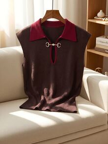 Lavishia Vintage Elegant Metal Button Knitted Vest - Rust Brown - View 6