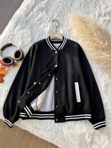 Comfortcana Áo khoác bóng chày cổ điển phối màu khối sọc kẻ size lớn - màu đen - Xem 5