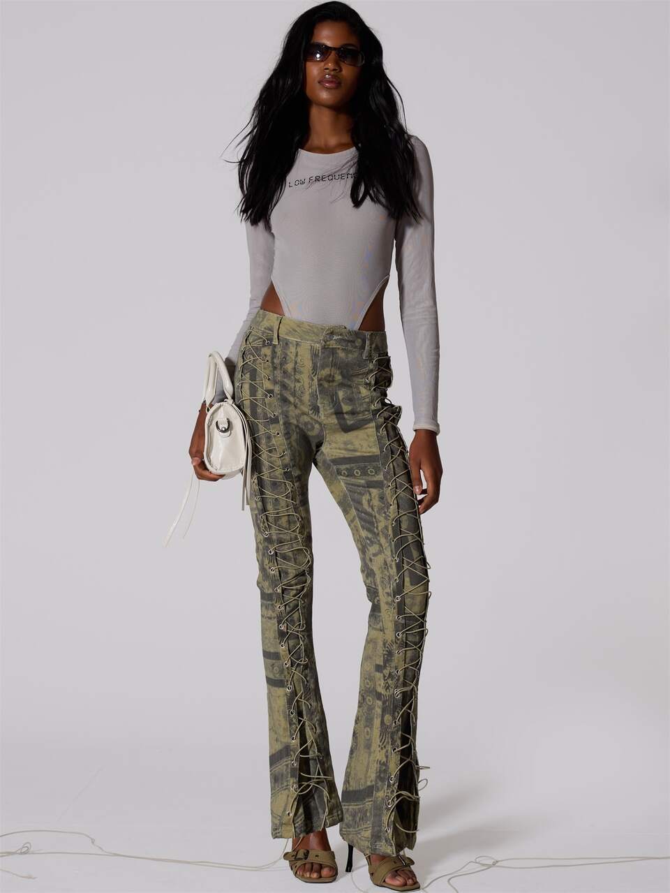 Grey Mesh Graphic Print High Rise Long Sleeve Bodysuit