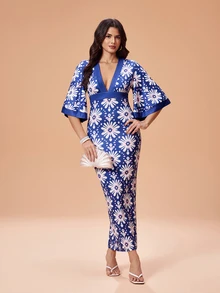 Glamance 女款全印花針織拼色深V領喇叭袖修身長洋裝，波希米亞風，優雅成熟休閒性感，適合外出、工作、辦公室、日常、派對、生日、度假、中東旅行、海灘、泳裝、波希米亞、萬聖節、開學季、日、夏季 - 藍色 - 查看 5