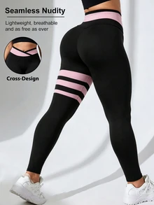 SHEIN Unity Women's Colorblock Striped High Waist Seamless Sports Leggings - Multicolor - View 2