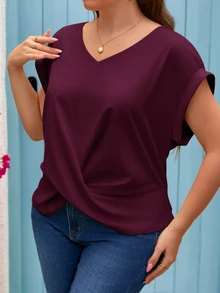 SHEIN Frenchy 大尺碼女款扭結下擺蝙蝠袖短袖V領綠色襯衫 - 紫色 - 查看 3