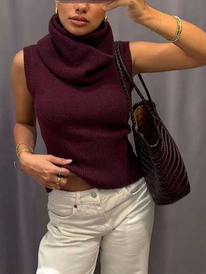 Aloruh Damen Herbst/Winter Neu Lila-Rot Elegant Minimalistisch Exquisit Modisch Lässig Täglich Pendeln Straße Hot Girl Romantisch Date Urban Modern Gestapelt Stehkragen Ärmellos Pullover