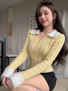 DAZY Women's Contrast Color Lapel Long Sleeve Button Half-Placket Casual Sweater Fall - Yellow - View 14