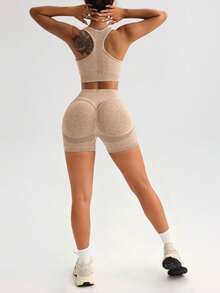 SHEIN Velisys Seamless Knit Tank Top & Shorts / Tank Top & Pants Matching Women's Sports Set - Khaki - View 5