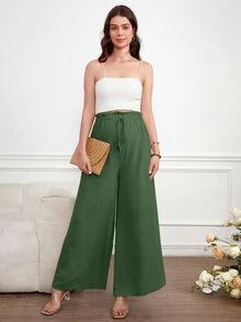 SHEIN 孕婦純色可調腰圍休閒日常寬腿長褲 - 薄荷綠 - 查看 4
