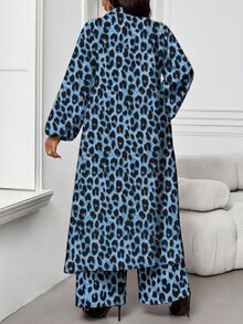 SHEIN Lady 大尺碼女款豹紋上衣與長褲休閒優雅日常兩件套 正式度假晚餐藍色秋季 - 藍色 - 查看 2