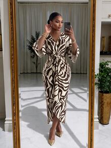 SHEIN Lady CURVE Plus Size Women's Zebra Print V-Neck 3/4 Sleeve Knot Design Elegant Dress Fall - Multicolor - View 4