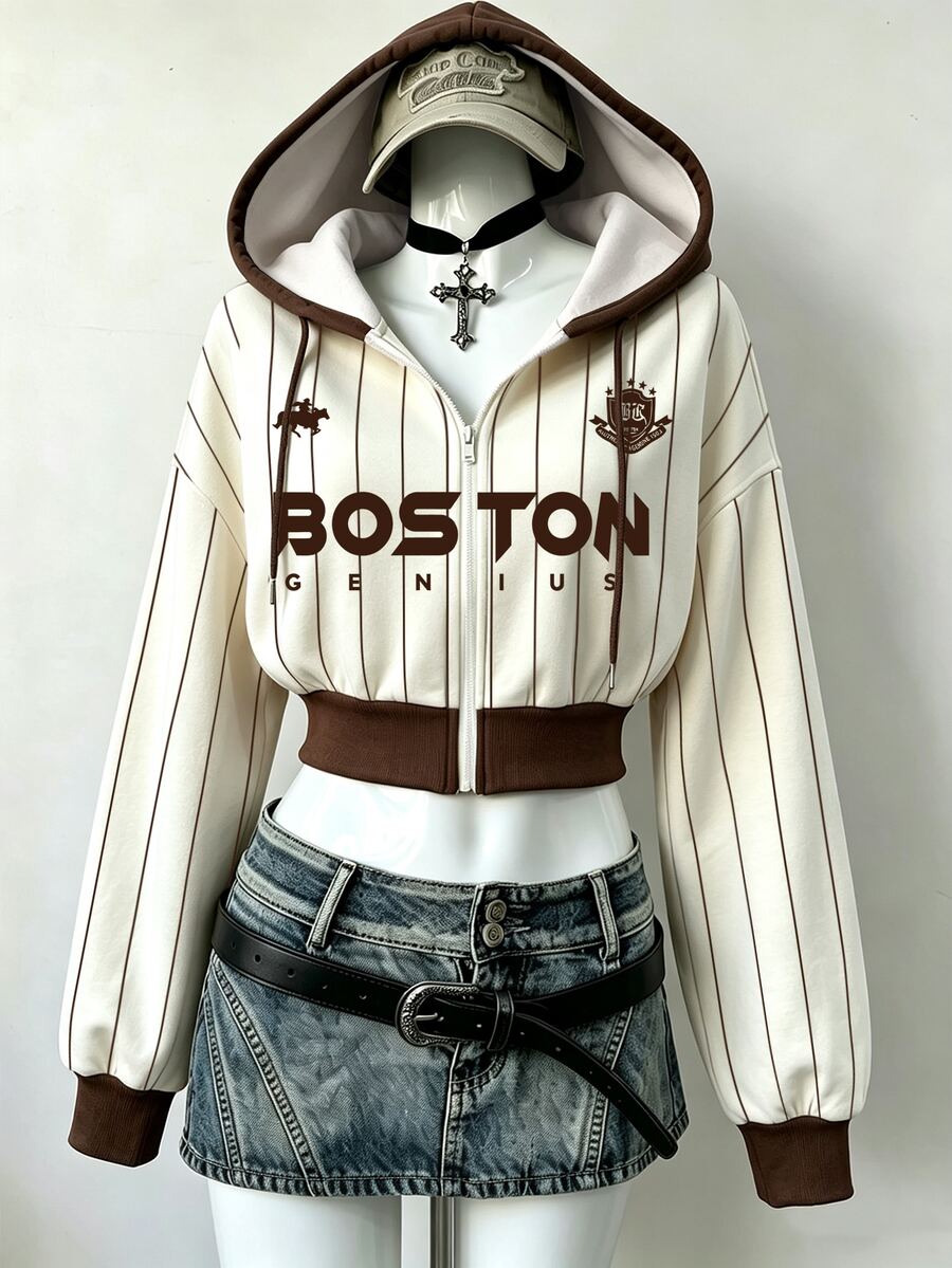 Lalippa Jaket Lengan Panjang Kasual Wanita dengan Motif Huruf dan Tudung - MultiWarna - View 1