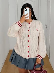 Maweii Plus Size Women's Textured Cable Knit Button Embroidered Equestrian Casual Cardigan - Apricot - View 6