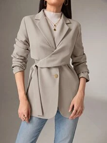 Heiryn Women's Solid Color Lapel NeckSide Waist Tie Casual Blazer - Khaki - View 4