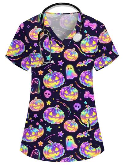 PopScrub Halloween V-Neck Short Sleeve Double Pocket Cute Halloween Colorful Pumpkin, Ghost Cartoon Print Pattern Design Print Nurse, Lab, Doctor Work Uniform, Multi-Pocket Functional Holiday Outfit, Halloween Women's Top, Trick Or Treat, Halloween Party, Halloween Decoration, Scary, Cute