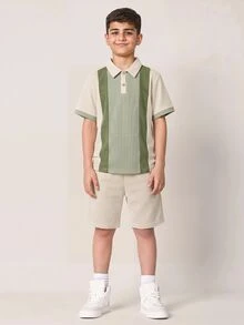 SHEIN Teen Boy Colorblock Short Sleeve Polo Shirt And Shorts Casual Daily Outfit - Apricot - View 3