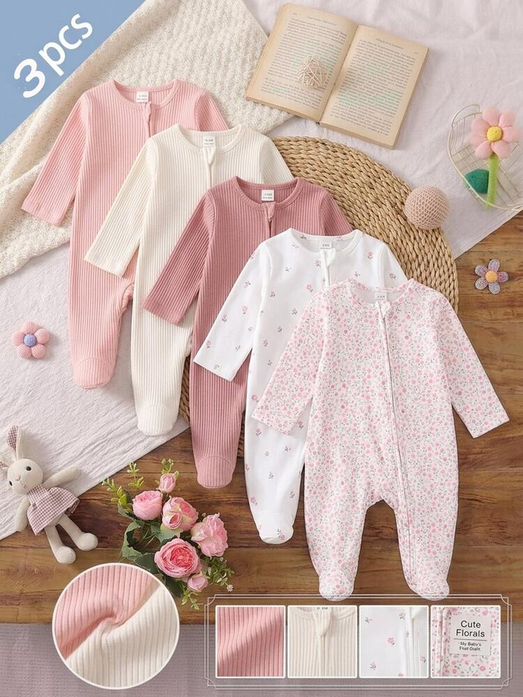 3 Pieces Newborn Footed Rompers, Cute Ribbed Plain Knit Mid-Stretch Comfortable Soft Floral Print Pattern, Best Gift For Newborns - Multicolor - View 8